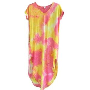 CY FASHION maxi tye-dye, curved hem, pockets,side splits, dress‎ size Lar…